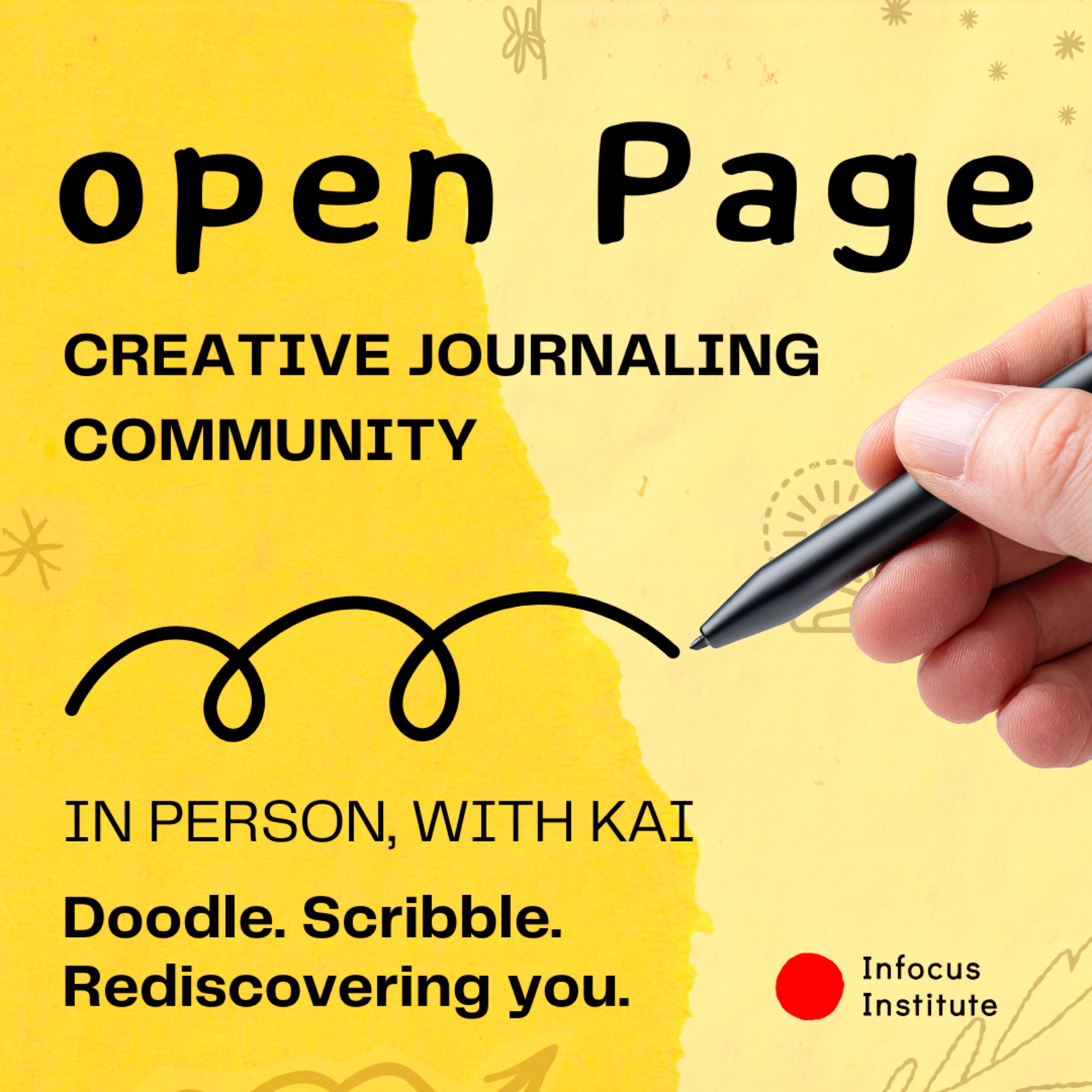 Open Page flyer — Creative Journaling Community, in person with Kai: doodle, scribble, rediscovering you