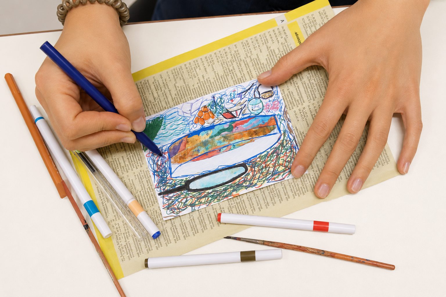 Hands drawing in a small illustrated journal, coloured pencils scattered around