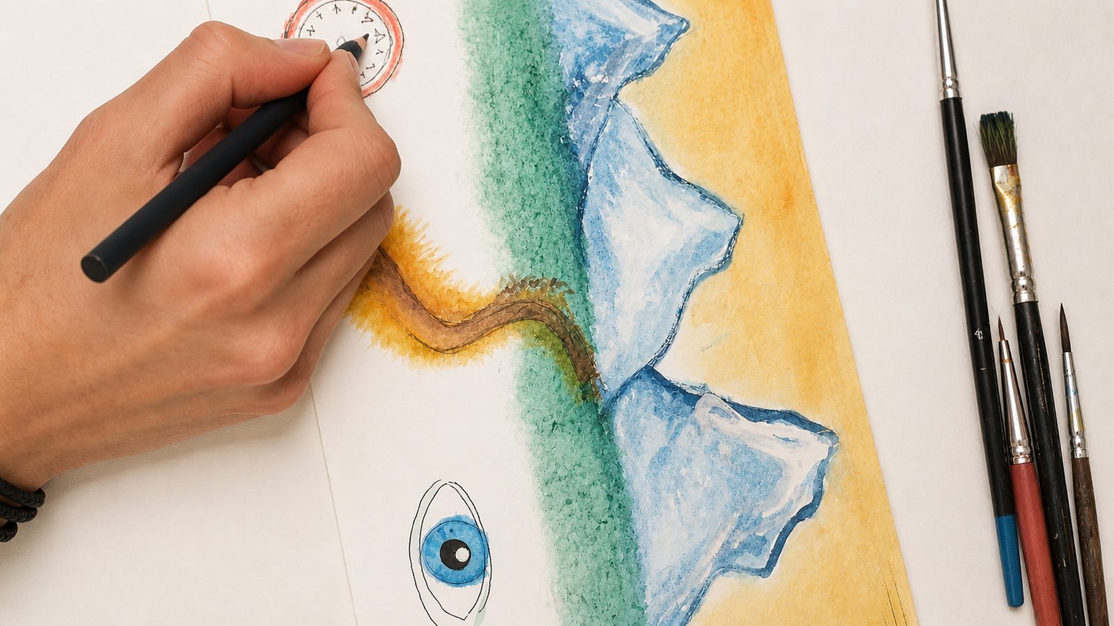 A hand painting a teal-and-blue mountain landscape in watercolour, brushes alongside