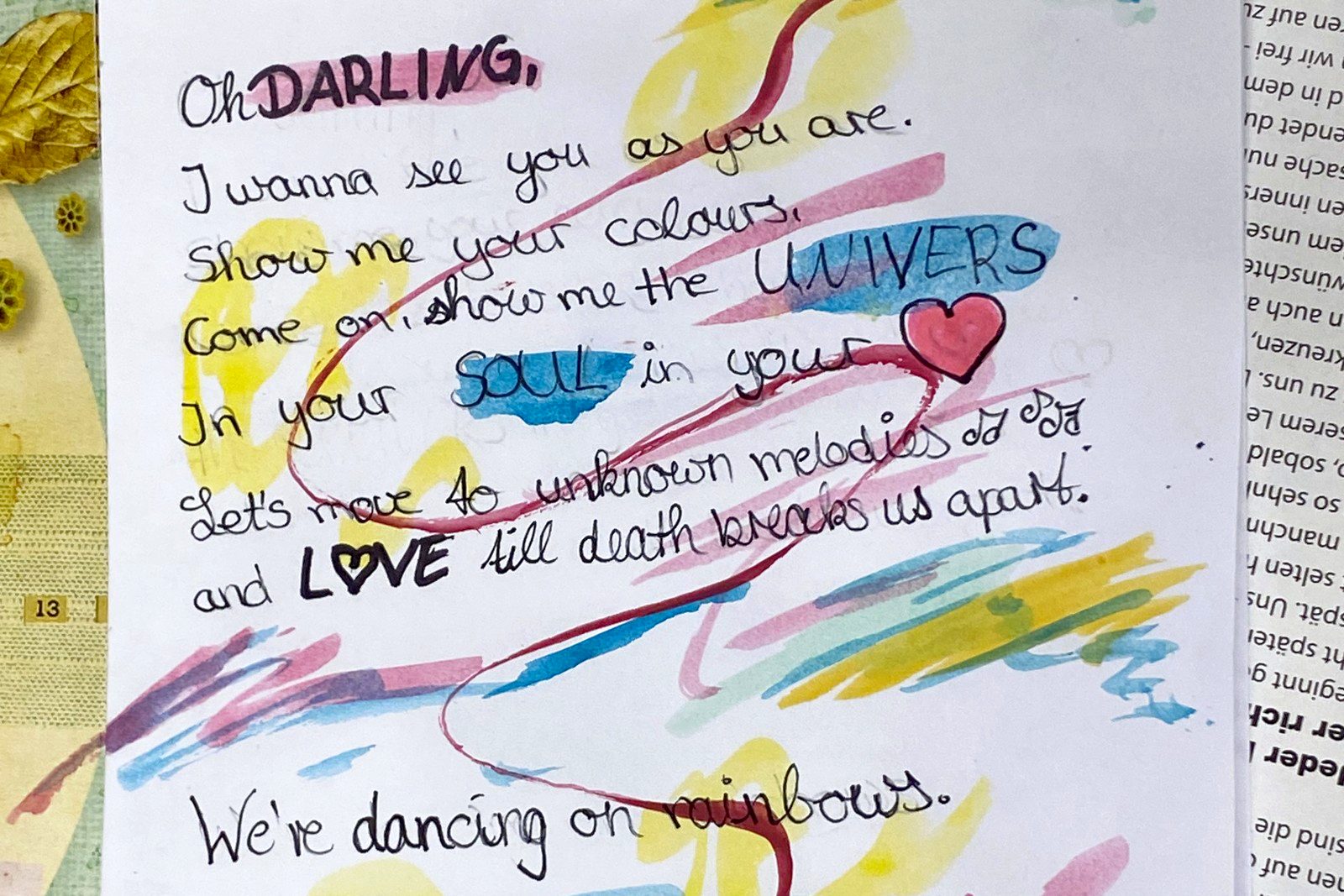 A written journal spread — Oh darling, we're dancing on rainbows