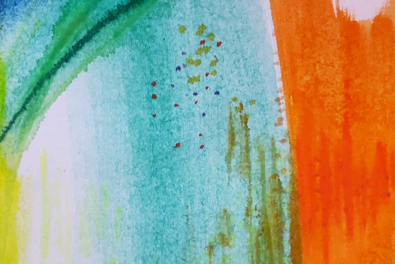 A loose watercolour wash in teal, lilac and orange