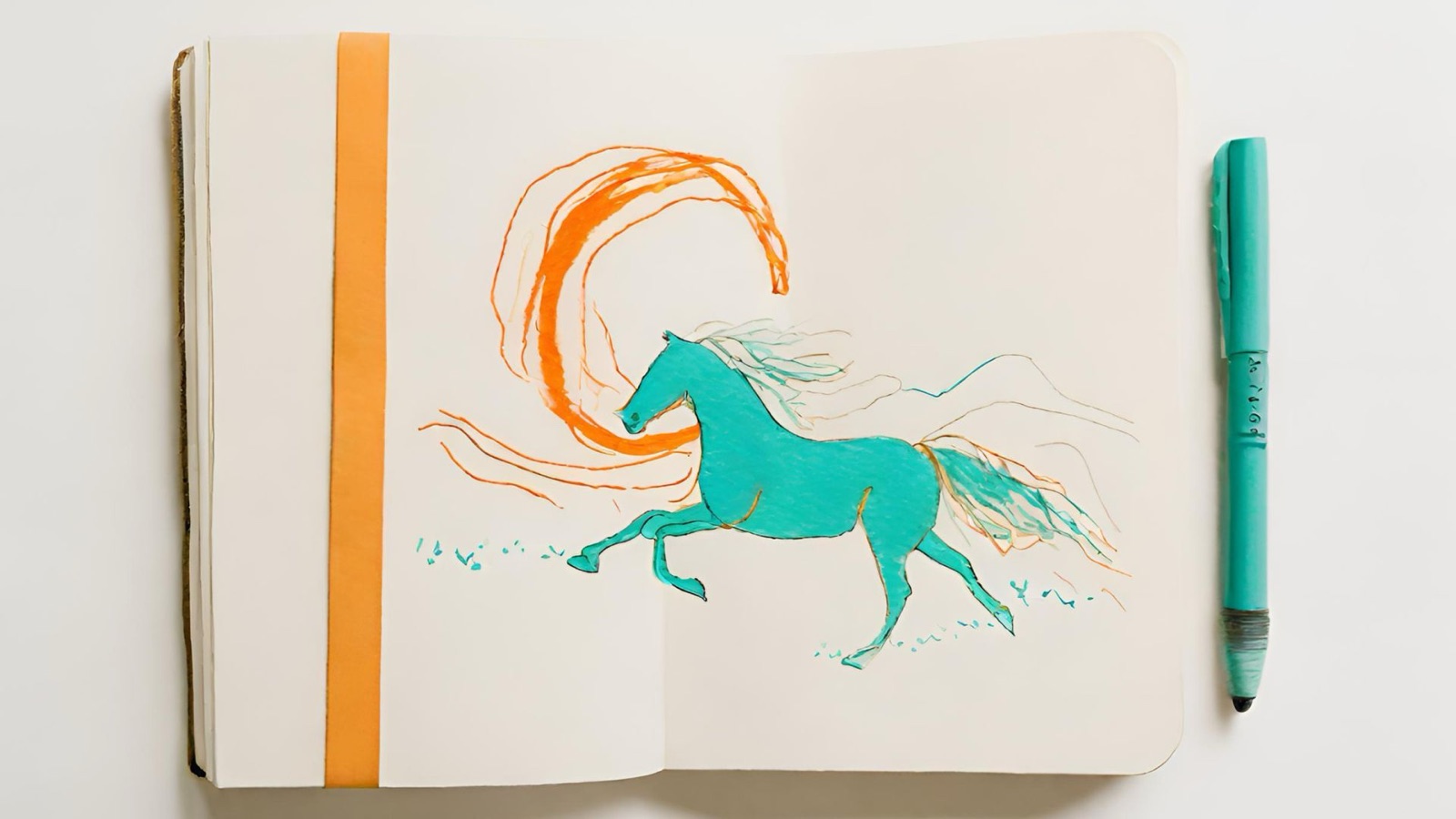 A teal horse drawn in a journal in pen