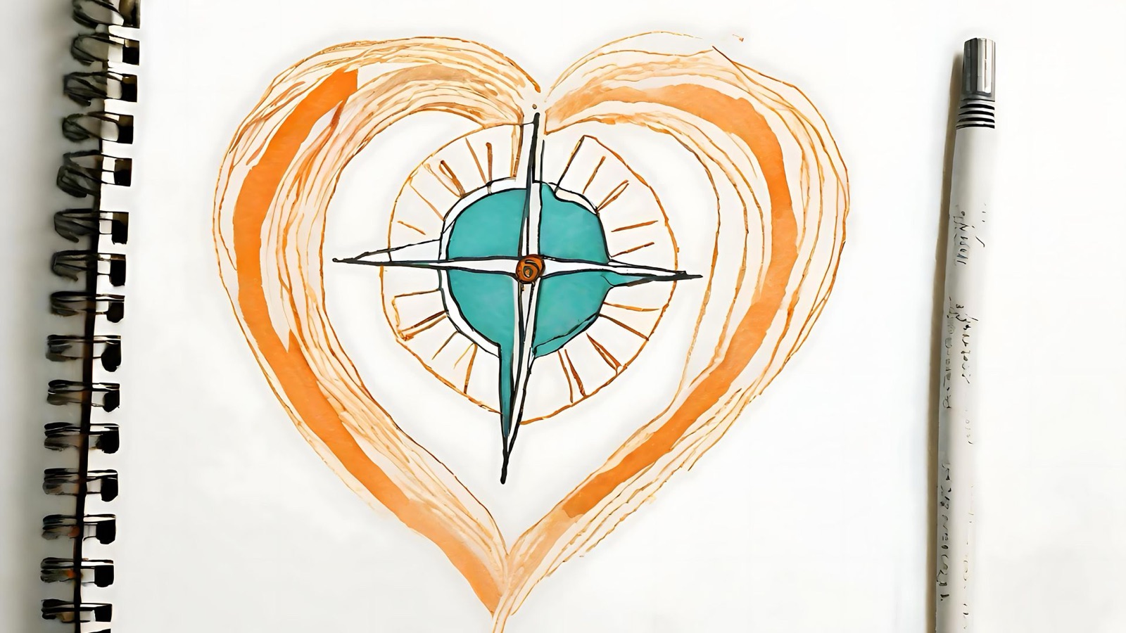A journal drawing of a heart and compass in orange and teal pen