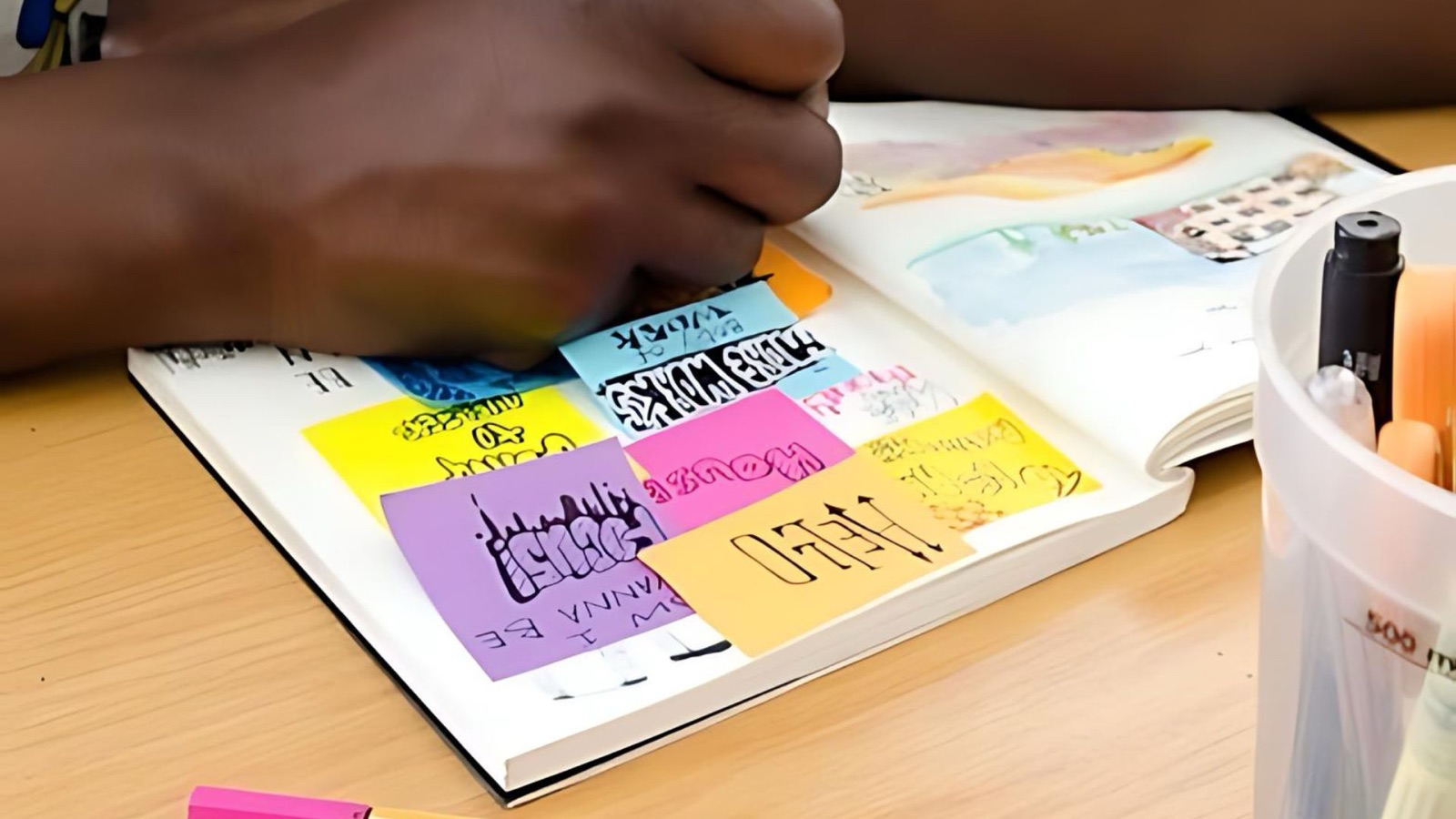 Hands journaling with colourful notes on the page