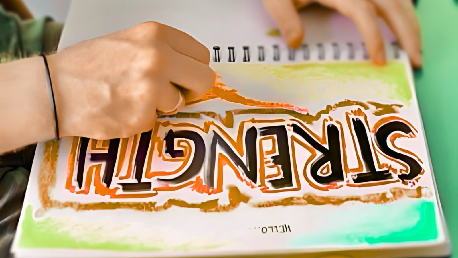 The word &lsquo;Strength&rsquo; hand-lettered in a journal