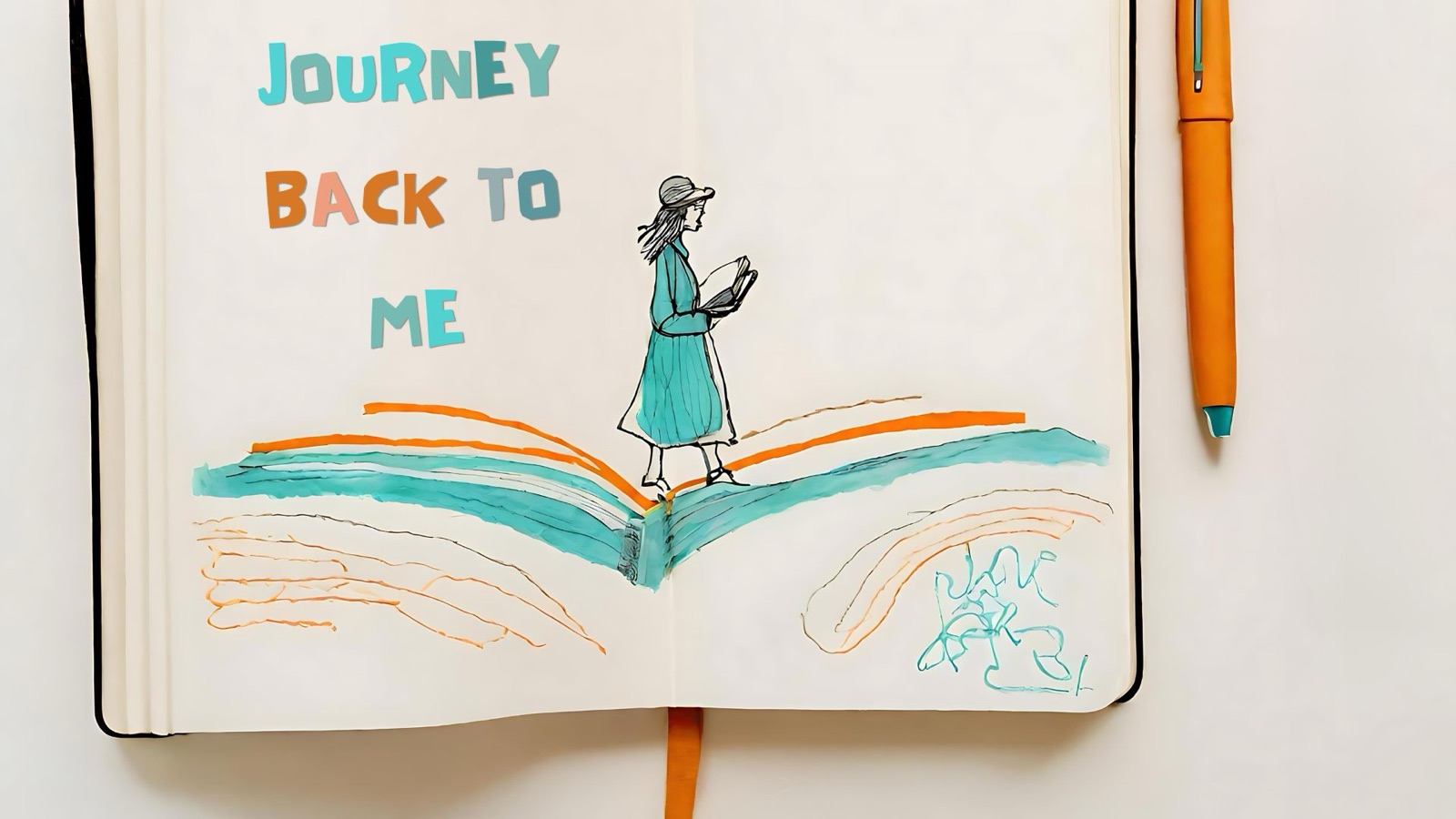 A journal spread reading &lsquo;Journey back to me&rsquo;