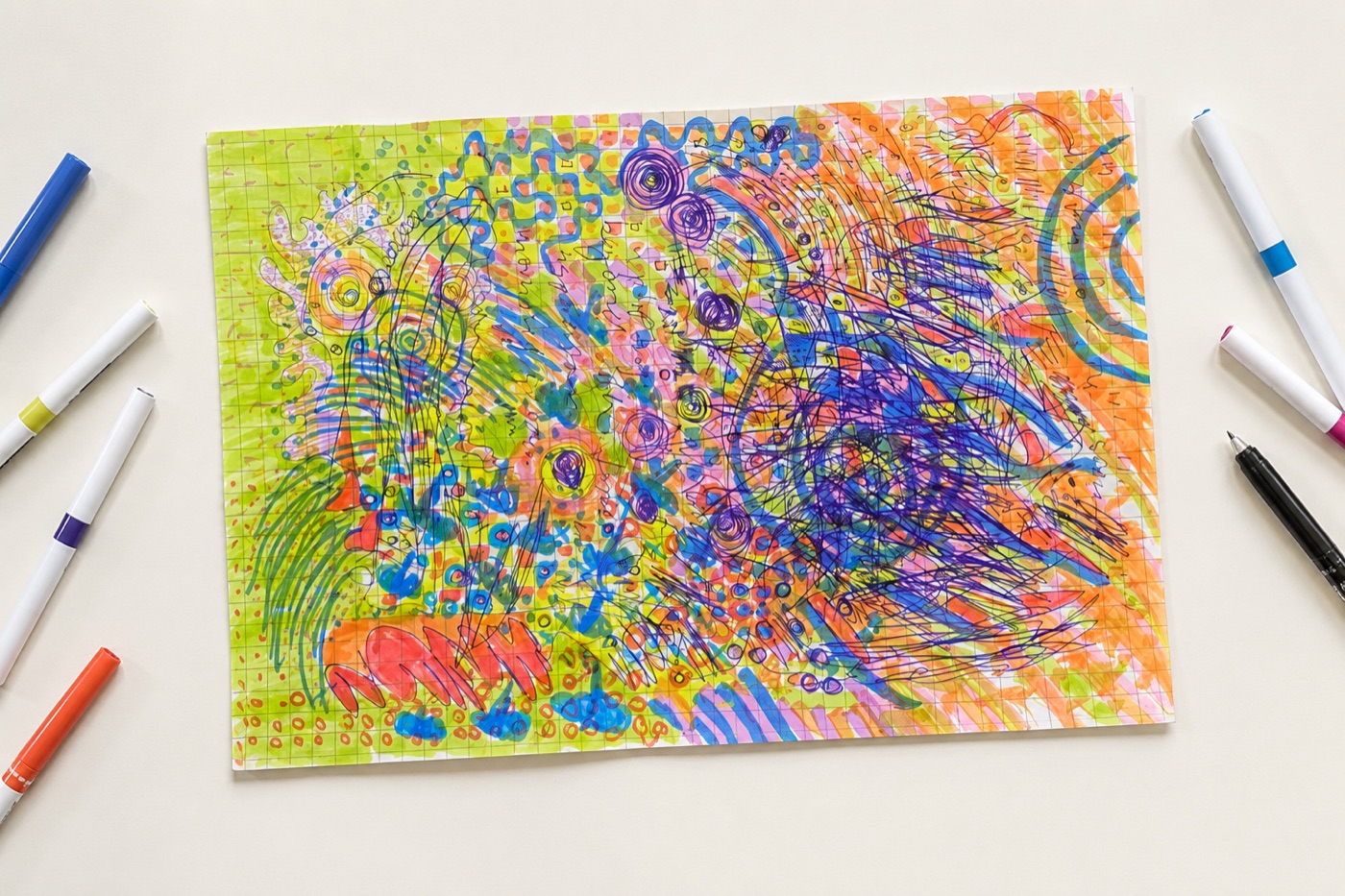 A doodle page from the session — colour, rhythm, repeated marks